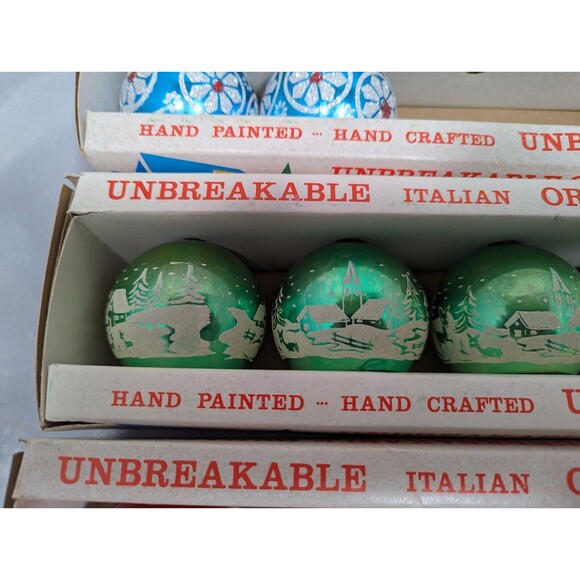 Vintage Unbreakable Italian Stencil Ornaments w/Boxes Lot Of 10 Red Blue Green - Picture 4 of 10